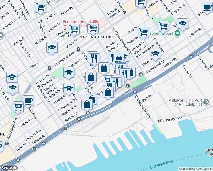 map of restaurants, bars, coffee shops, grocery stores, and more near 2701 East Clearfield Street in Philadelphia