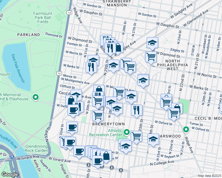 map of restaurants, bars, coffee shops, grocery stores, and more near 1763 North Newkirk Street in Philadelphia