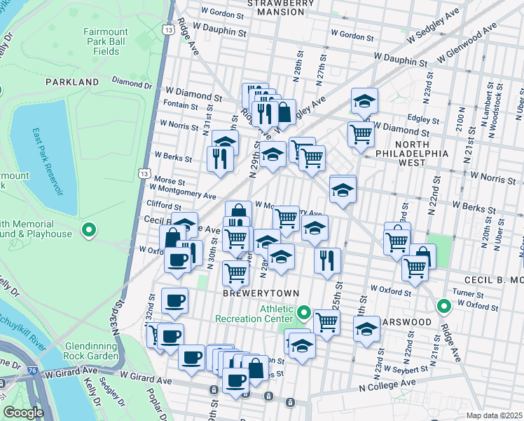 map of restaurants, bars, coffee shops, grocery stores, and more near 1760 North Newkirk Street in Philadelphia