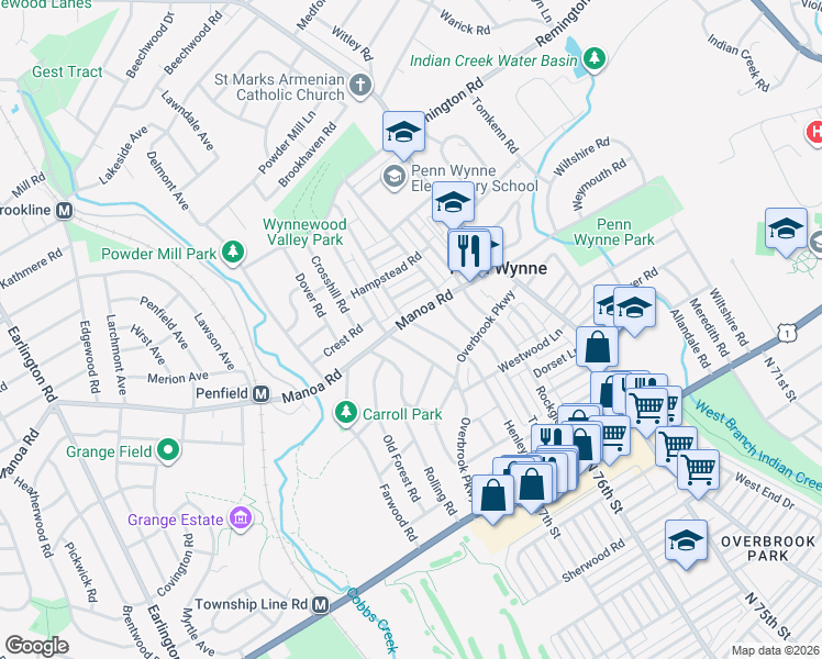 map of restaurants, bars, coffee shops, grocery stores, and more near 113 Harrogate Road in Wynnewood