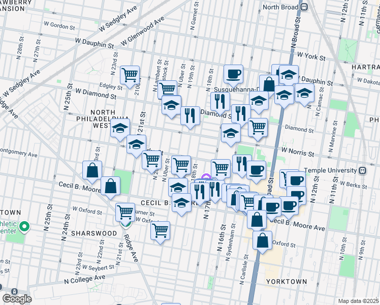 map of restaurants, bars, coffee shops, grocery stores, and more near 1849 North 18th Street in Philadelphia