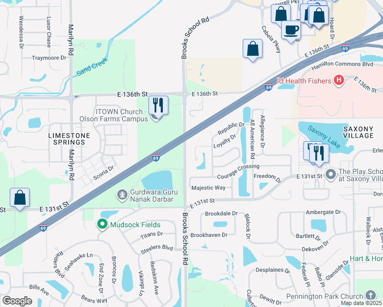 map of restaurants, bars, coffee shops, grocery stores, and more near 13304 Loyalty Drive in Fishers