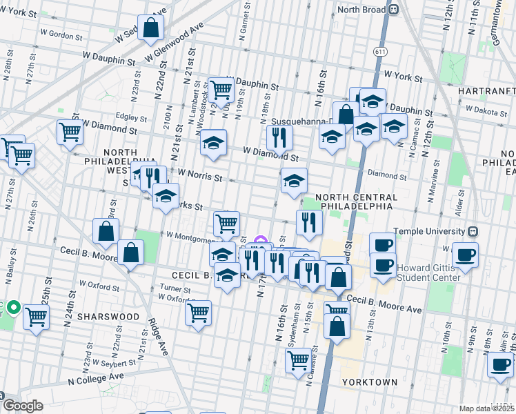 map of restaurants, bars, coffee shops, grocery stores, and more near 1734 Monument Street in Philadelphia