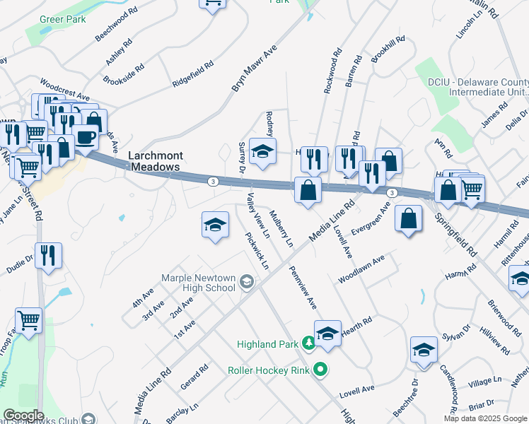 map of restaurants, bars, coffee shops, grocery stores, and more near 24 Mulberry Lane in Newtown Square
