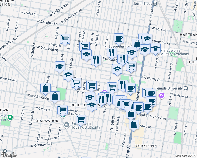 map of restaurants, bars, coffee shops, grocery stores, and more near 1849 North 18th Street in Philadelphia