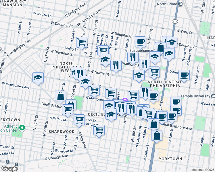 map of restaurants, bars, coffee shops, grocery stores, and more near 1907 West Berks Street in Philadelphia