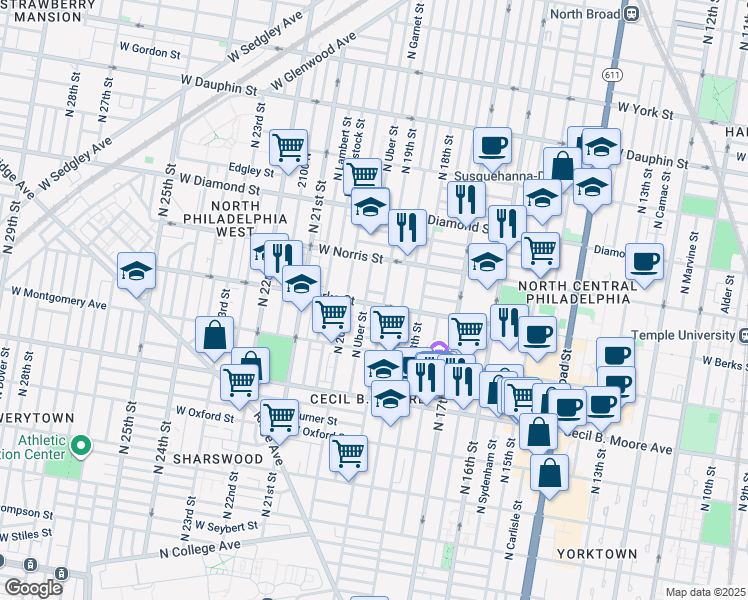 map of restaurants, bars, coffee shops, grocery stores, and more near 1913 West Berks Street in Philadelphia
