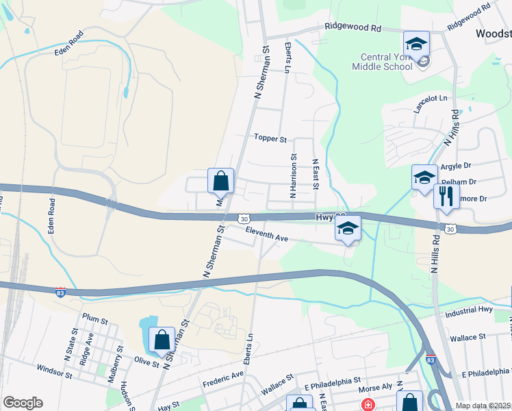 map of restaurants, bars, coffee shops, grocery stores, and more near 1321 North Sherman Street in York