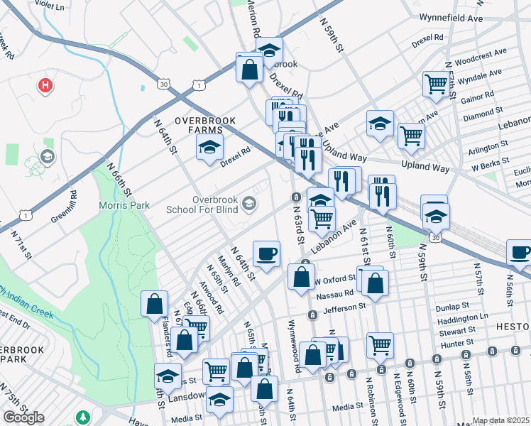 map of restaurants, bars, coffee shops, grocery stores, and more near 6333 Malvern Avenue in Philadelphia