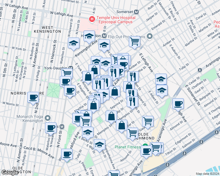 map of restaurants, bars, coffee shops, grocery stores, and more near 2462 Frankford Avenue in Philadelphia