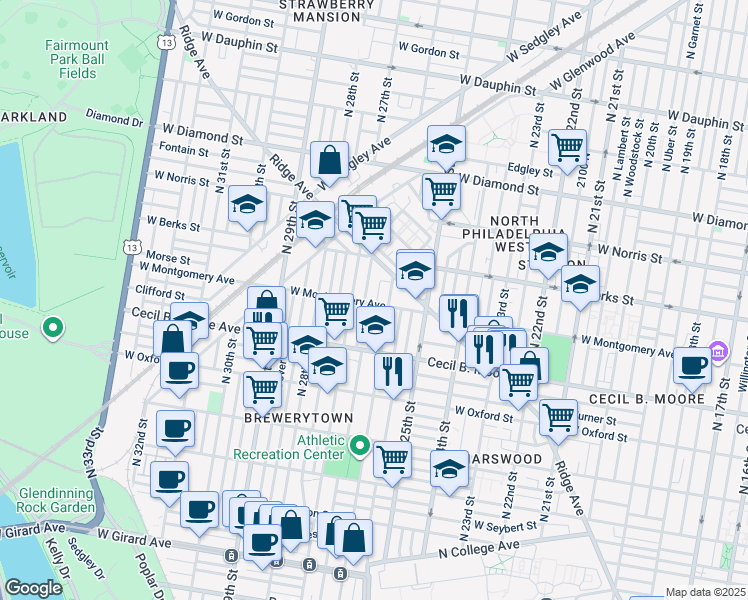 map of restaurants, bars, coffee shops, grocery stores, and more near 1808 North Bailey Street in Philadelphia