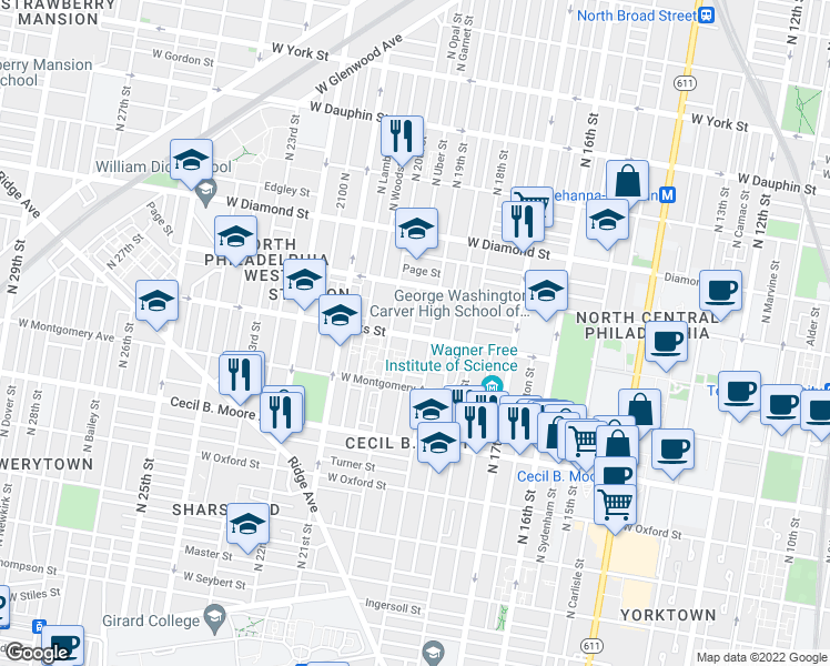 map of restaurants, bars, coffee shops, grocery stores, and more near 1921 West Berks Street in Philadelphia