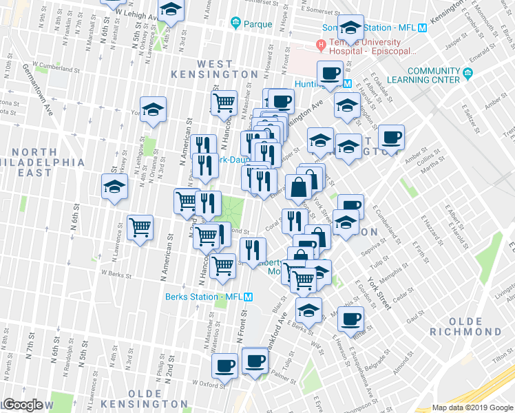 map of restaurants, bars, coffee shops, grocery stores, and more near 2150 North Front Street in Philadelphia