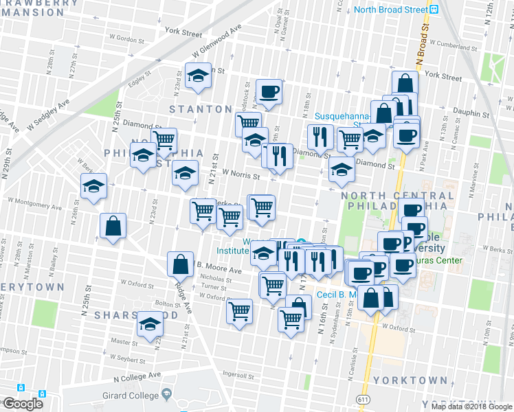 map of restaurants, bars, coffee shops, grocery stores, and more near 1913 West Berks Street in Philadelphia