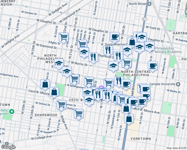 map of restaurants, bars, coffee shops, grocery stores, and more near 1911 North Gratz Street in Philadelphia