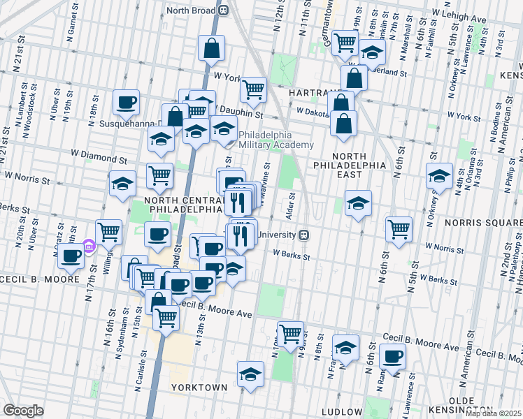 map of restaurants, bars, coffee shops, grocery stores, and more near 2011 North Marvine Street in Philadelphia