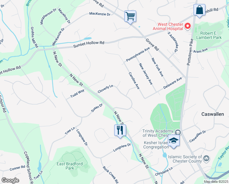 map of restaurants, bars, coffee shops, grocery stores, and more near 106 Cloverly Lane in West Chester
