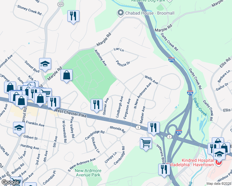 map of restaurants, bars, coffee shops, grocery stores, and more near 52 Sterner Avenue in Broomall