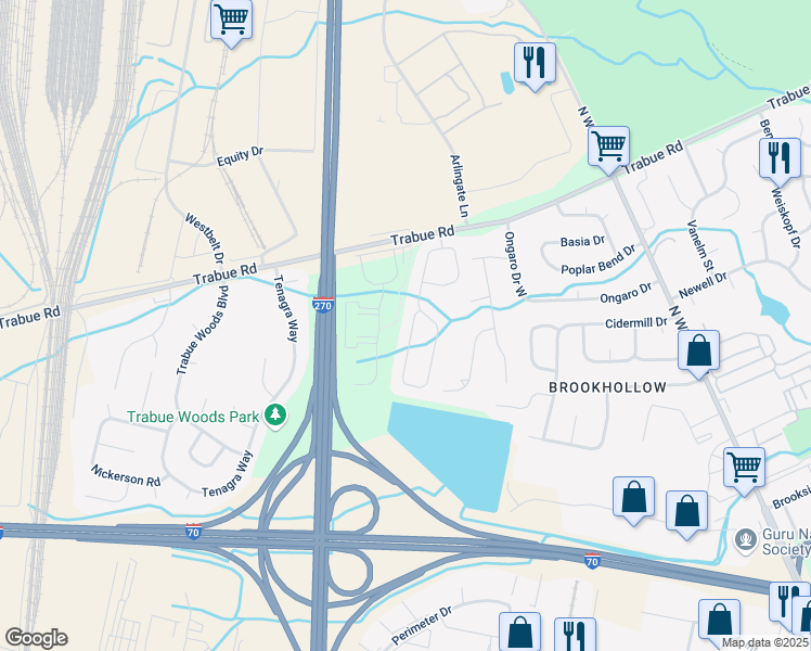 map of restaurants, bars, coffee shops, grocery stores, and more near 1371 Brookforest Drive in Columbus