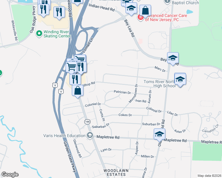 map of restaurants, bars, coffee shops, grocery stores, and more near 45 Patrician Drive in Toms River