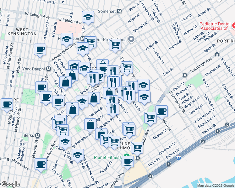 map of restaurants, bars, coffee shops, grocery stores, and more near 2190 East Huntingdon Street in Philadelphia