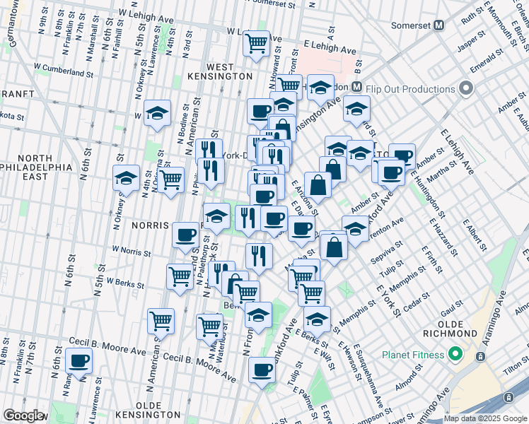 map of restaurants, bars, coffee shops, grocery stores, and more near 2150 North Front Street in Philadelphia