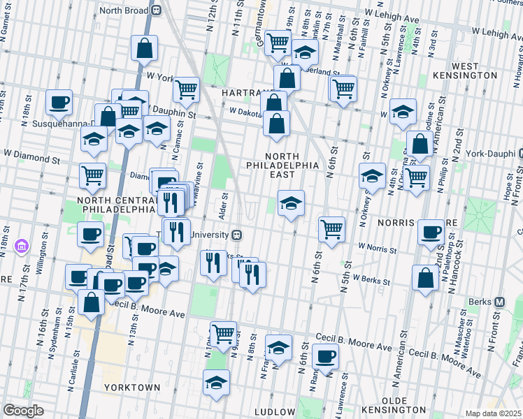 map of restaurants, bars, coffee shops, grocery stores, and more near 2037 North 9th Street in Philadelphia