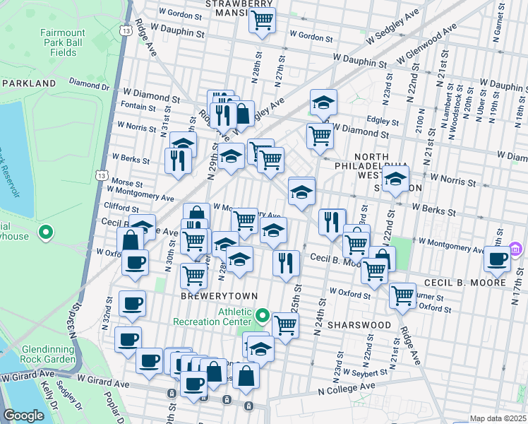 map of restaurants, bars, coffee shops, grocery stores, and more near 1800 North Taney Street in Philadelphia