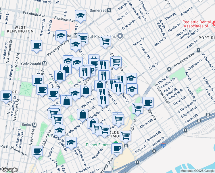 map of restaurants, bars, coffee shops, grocery stores, and more near 2190 East Huntingdon Street in Philadelphia