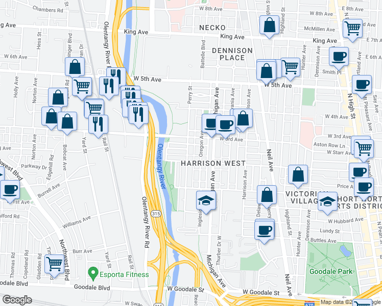 map of restaurants, bars, coffee shops, grocery stores, and more near 530 West 2nd Avenue in Columbus
