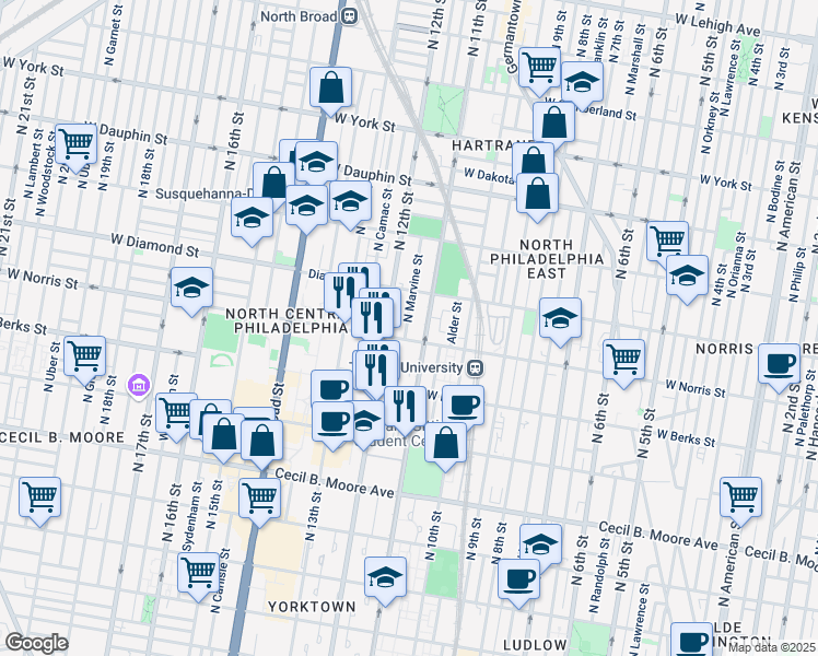 map of restaurants, bars, coffee shops, grocery stores, and more near 2011 North Marvine Street in Philadelphia