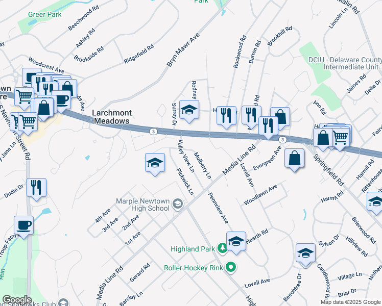 map of restaurants, bars, coffee shops, grocery stores, and more near 24 Mulberry Lane in Newtown Square