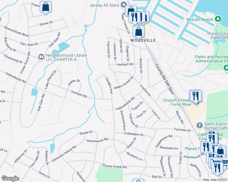 map of restaurants, bars, coffee shops, grocery stores, and more near 1071 Wake Forest Drive in Toms River