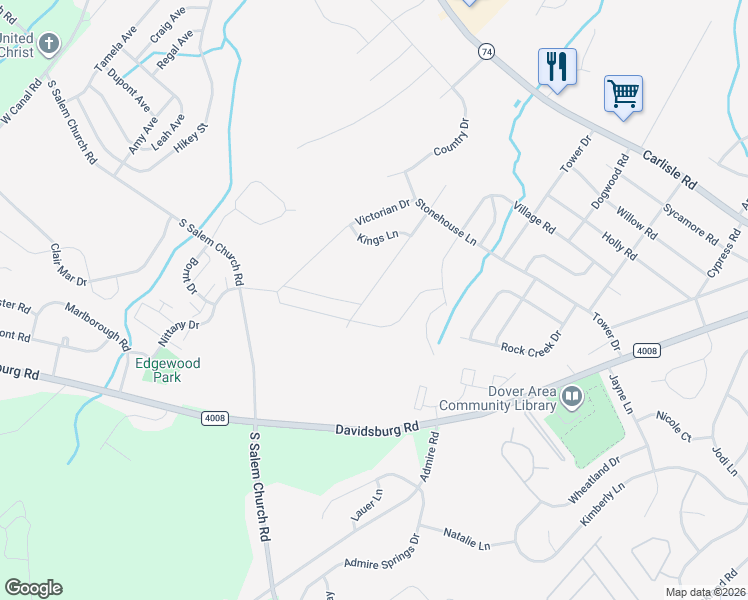 map of restaurants, bars, coffee shops, grocery stores, and more near 2646 Brownstone Drive in Dover