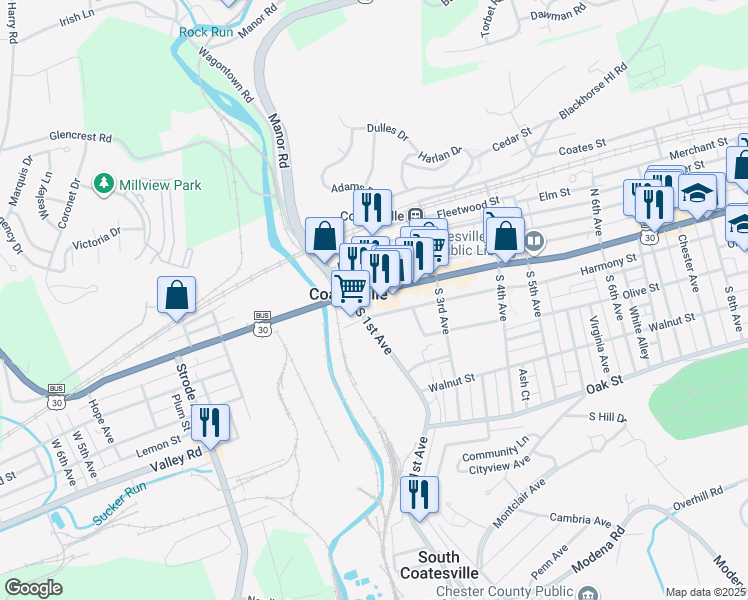 map of restaurants, bars, coffee shops, grocery stores, and more near in Coatesville