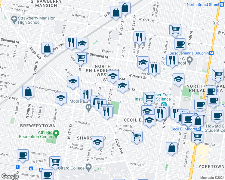map of restaurants, bars, coffee shops, grocery stores, and more near 1843 North 22nd Street in Philadelphia