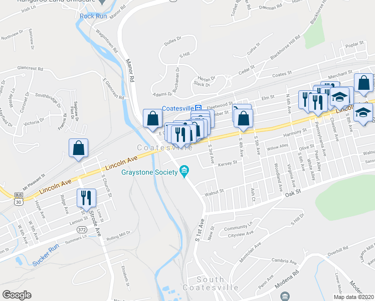 map of restaurants, bars, coffee shops, grocery stores, and more near 151 Harmony Street in Coatesville