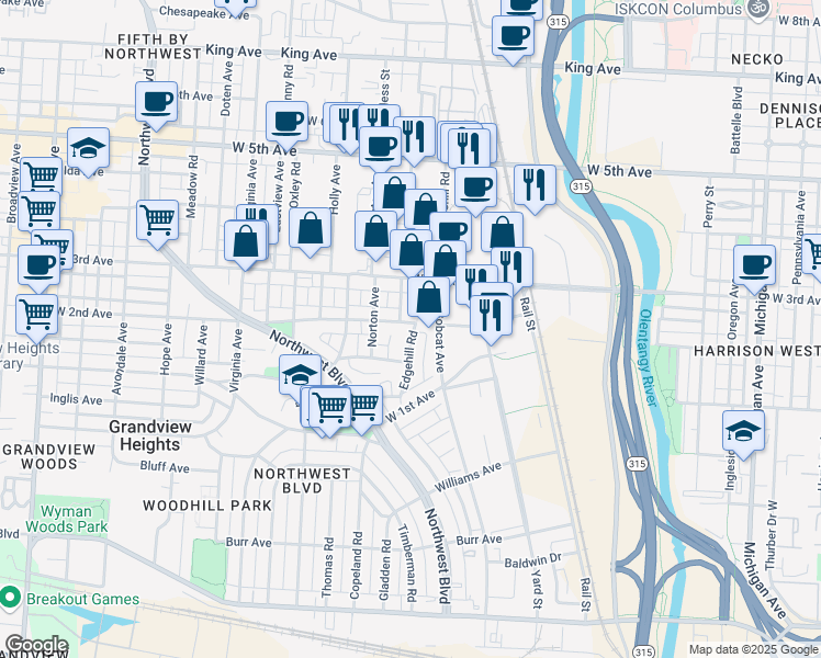 map of restaurants, bars, coffee shops, grocery stores, and more near 1167 Edgehill Road in Columbus