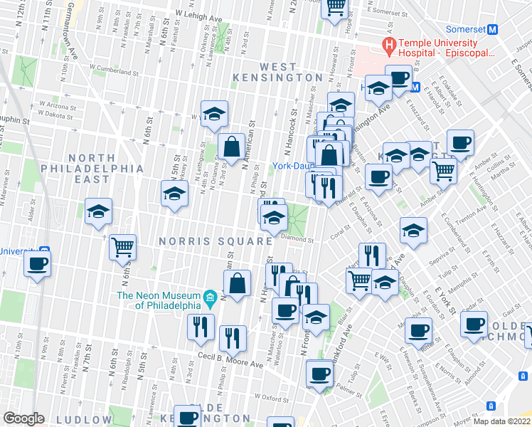 map of restaurants, bars, coffee shops, grocery stores, and more near in Philadelphia