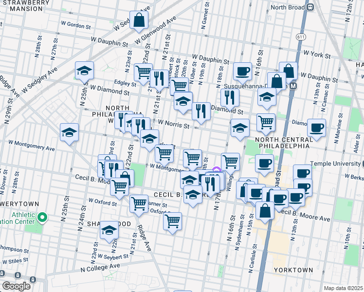map of restaurants, bars, coffee shops, grocery stores, and more near 1923 West Berks Street in Philadelphia