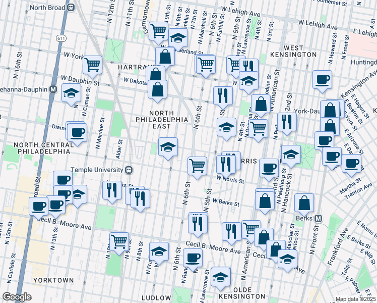 map of restaurants, bars, coffee shops, grocery stores, and more near 608 Diamond Street in Philadelphia