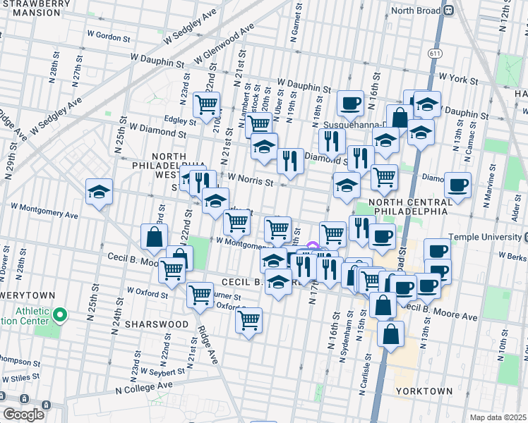map of restaurants, bars, coffee shops, grocery stores, and more near 1919 West Berks Street in Philadelphia