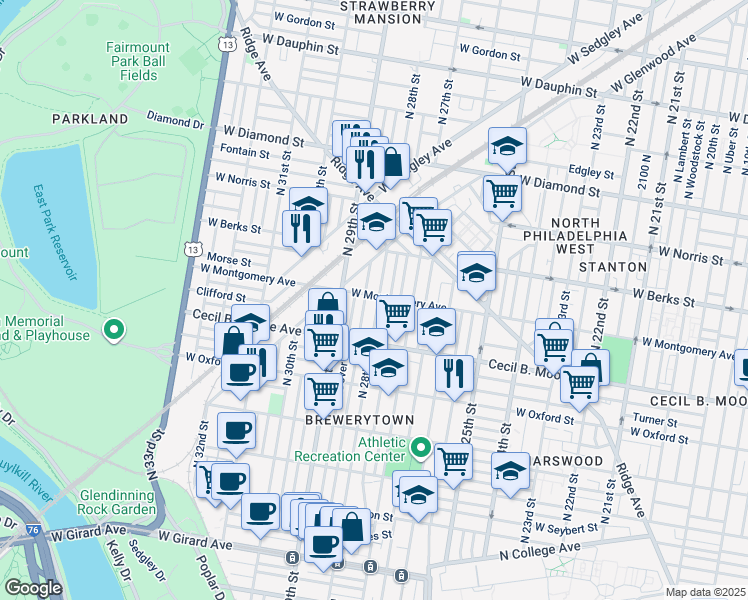 map of restaurants, bars, coffee shops, grocery stores, and more near 1764 North 28th Street in Philadelphia
