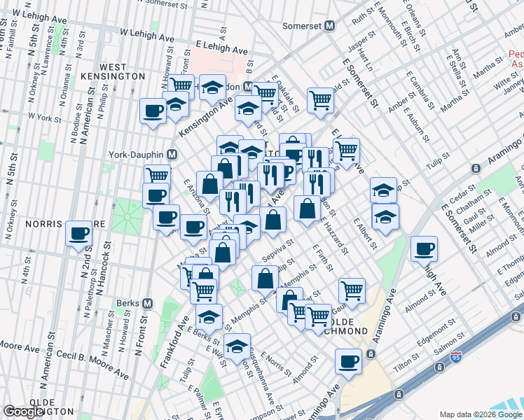 map of restaurants, bars, coffee shops, grocery stores, and more near 2133 East Letterly Street in Philadelphia