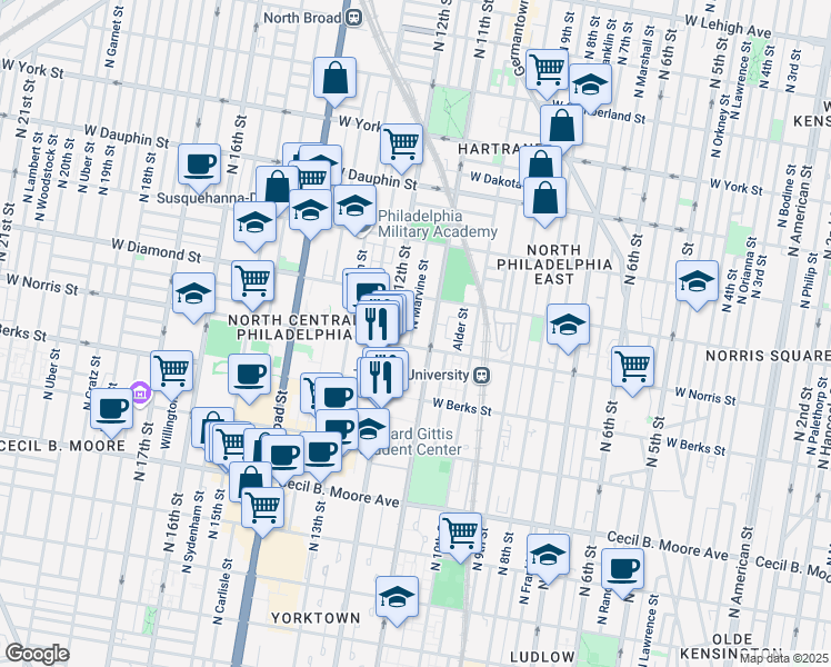 map of restaurants, bars, coffee shops, grocery stores, and more near 2013 North Marvine Street in Philadelphia