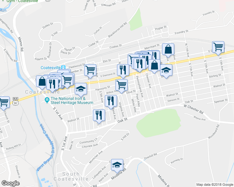 map of restaurants, bars, coffee shops, grocery stores, and more near 559 Olive Street in Coatesville