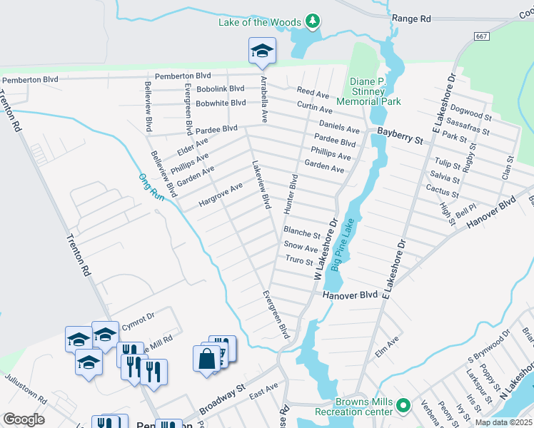 map of restaurants, bars, coffee shops, grocery stores, and more near 6 Almond Avenue in Pemberton Township