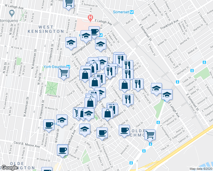 map of restaurants, bars, coffee shops, grocery stores, and more near 2133 East Letterly Street in Philadelphia