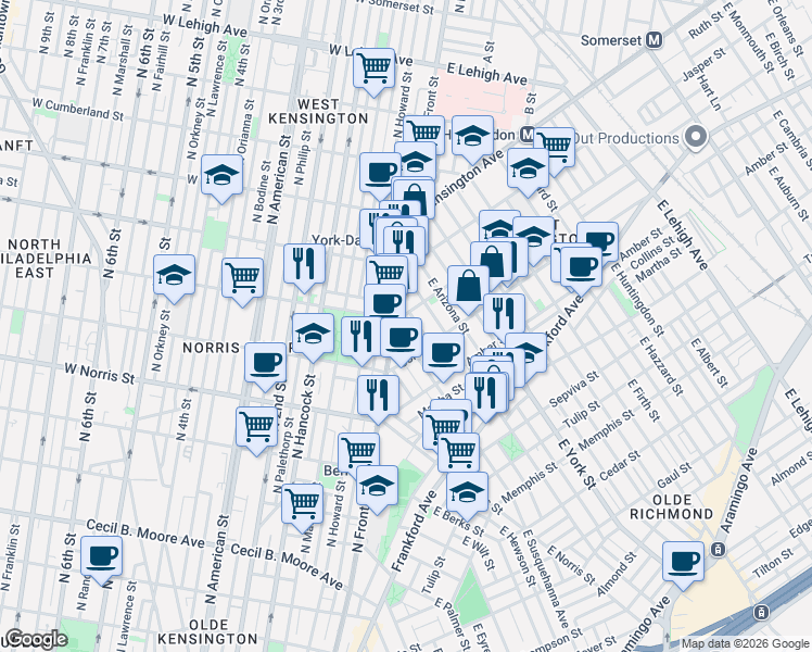 map of restaurants, bars, coffee shops, grocery stores, and more near in Philadelphia