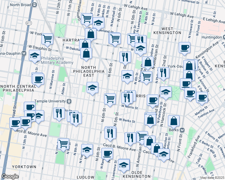 map of restaurants, bars, coffee shops, grocery stores, and more near 2036 Germantown Avenue in Philadelphia